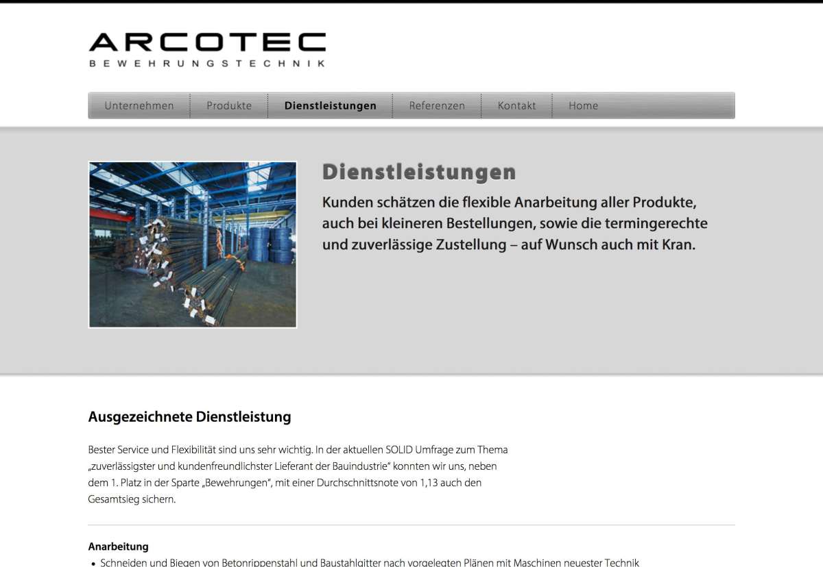 Screenshot www.arcotec.at / Website ARCOTEC Bewehrungstechnik