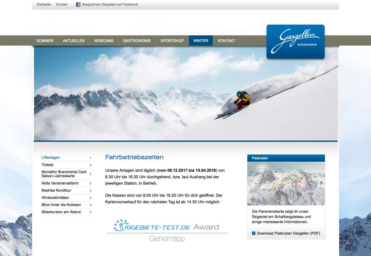 Screenshot www.bergbahnen-gargellen.at / Website Bergbahnen Gargellen