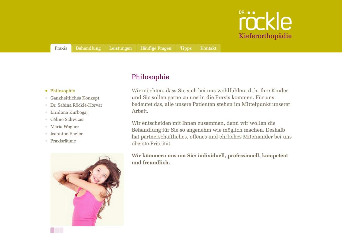Screenshot www.dr-roeckle.ch / Website Kieferorthopädie Dr. Sabina Röckle