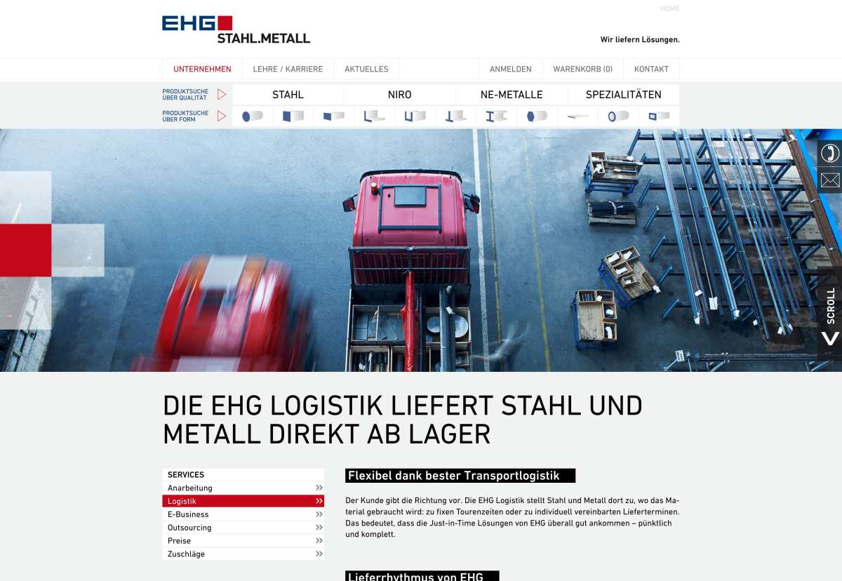 Screenshot www.ehg-stahl.com / Website EHG Stahl Metall