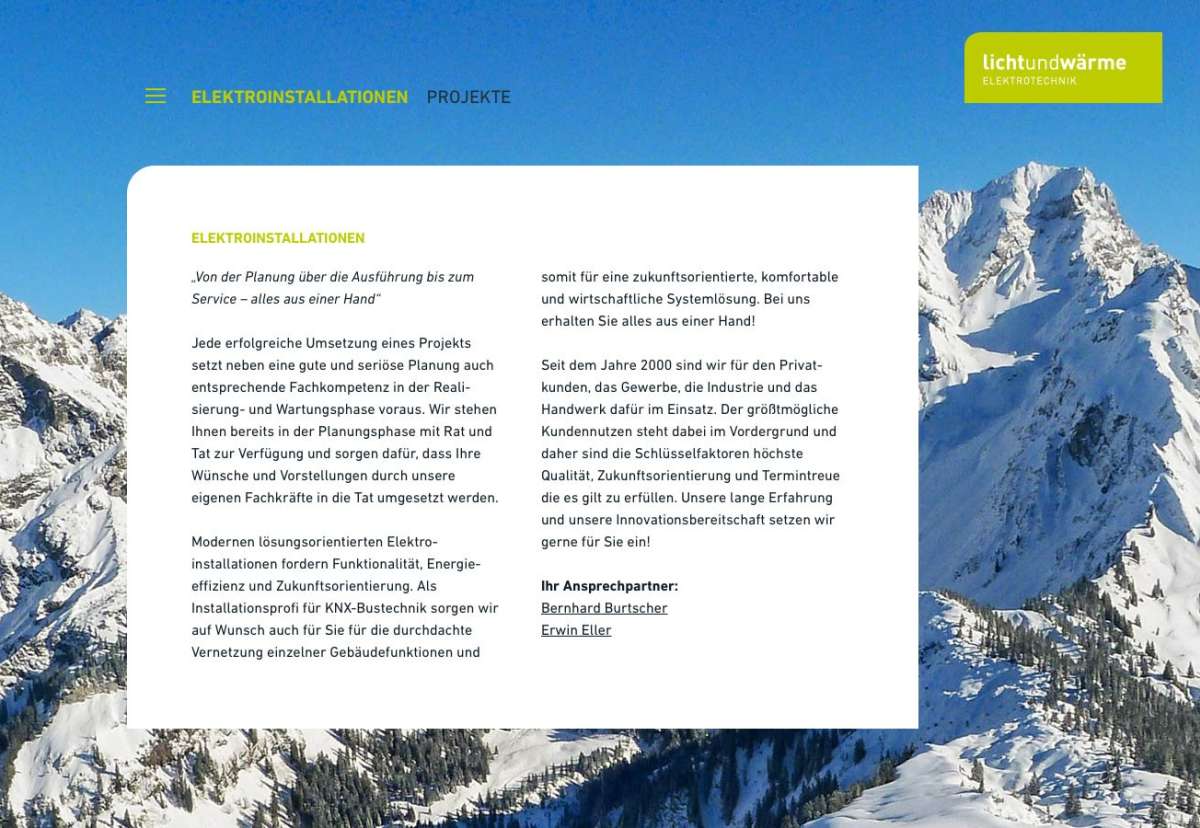 Screenshot www.lichtundwaerme.at / Website Licht und Wärme Elektrotechnik