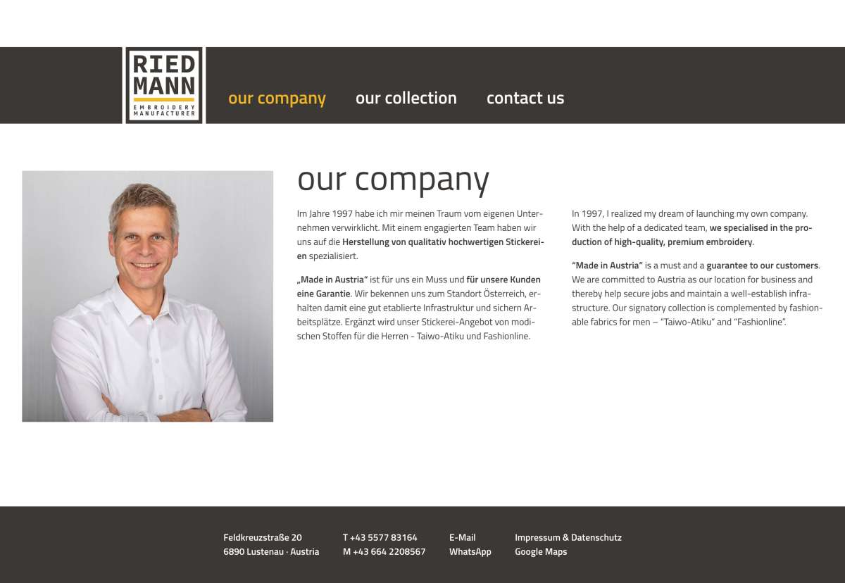 Screenshot www.riedmanngmbh.com / Website Riedmann Stickerei
