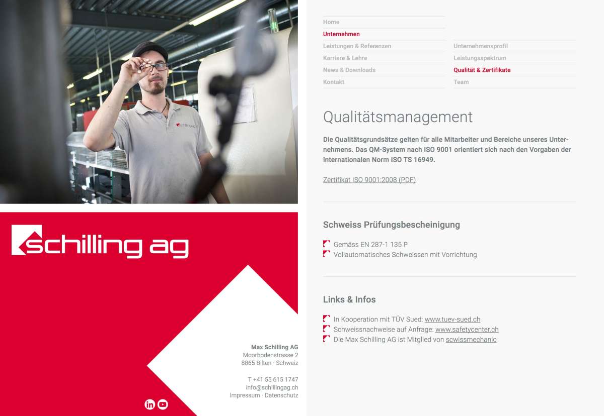 Screenshot www.schillingag.ch / Website Schilling Metalltechnik