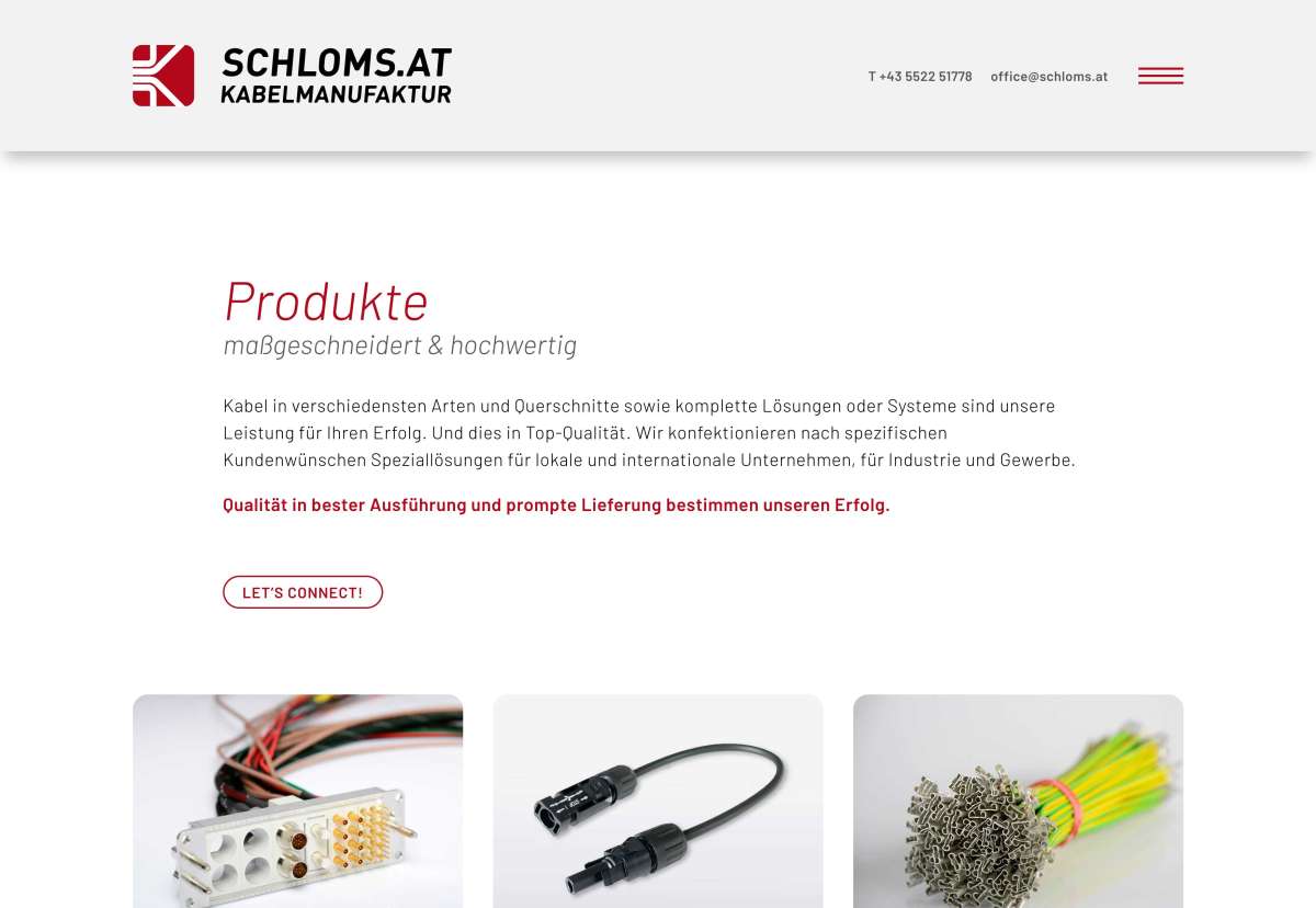 Screenshot www.schloms.at / Website Schloms Kabelmanufaktur
