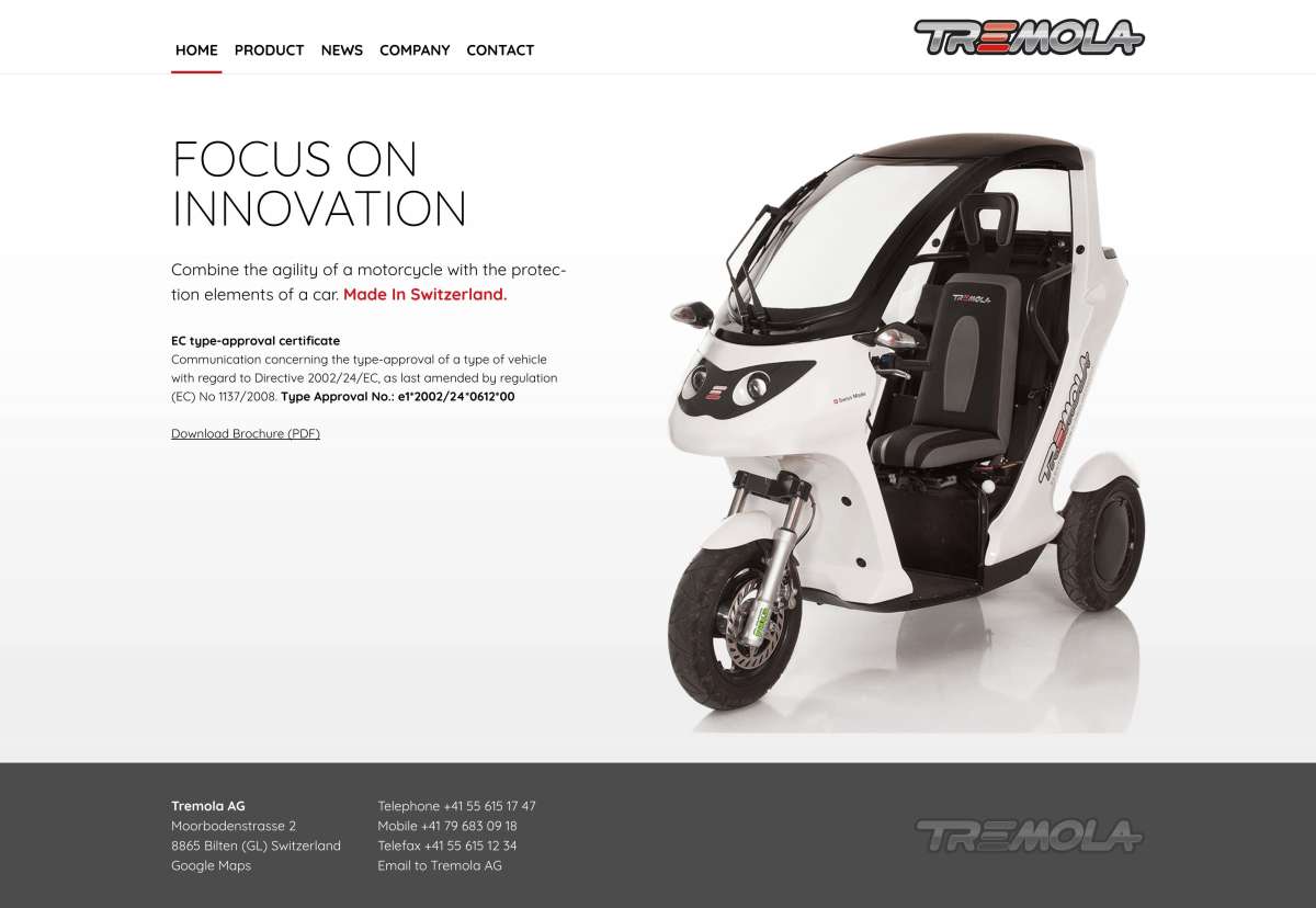 Screenshot www.tremola.ch / Website Tremola Elektromobil