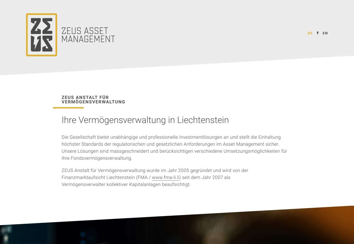 Screenshot www.zeus-management.li / Website ZEUS Asset Management